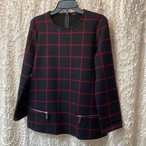 Zara Woman dark blue & red plaid top.Back zipper, size L, 27”L
